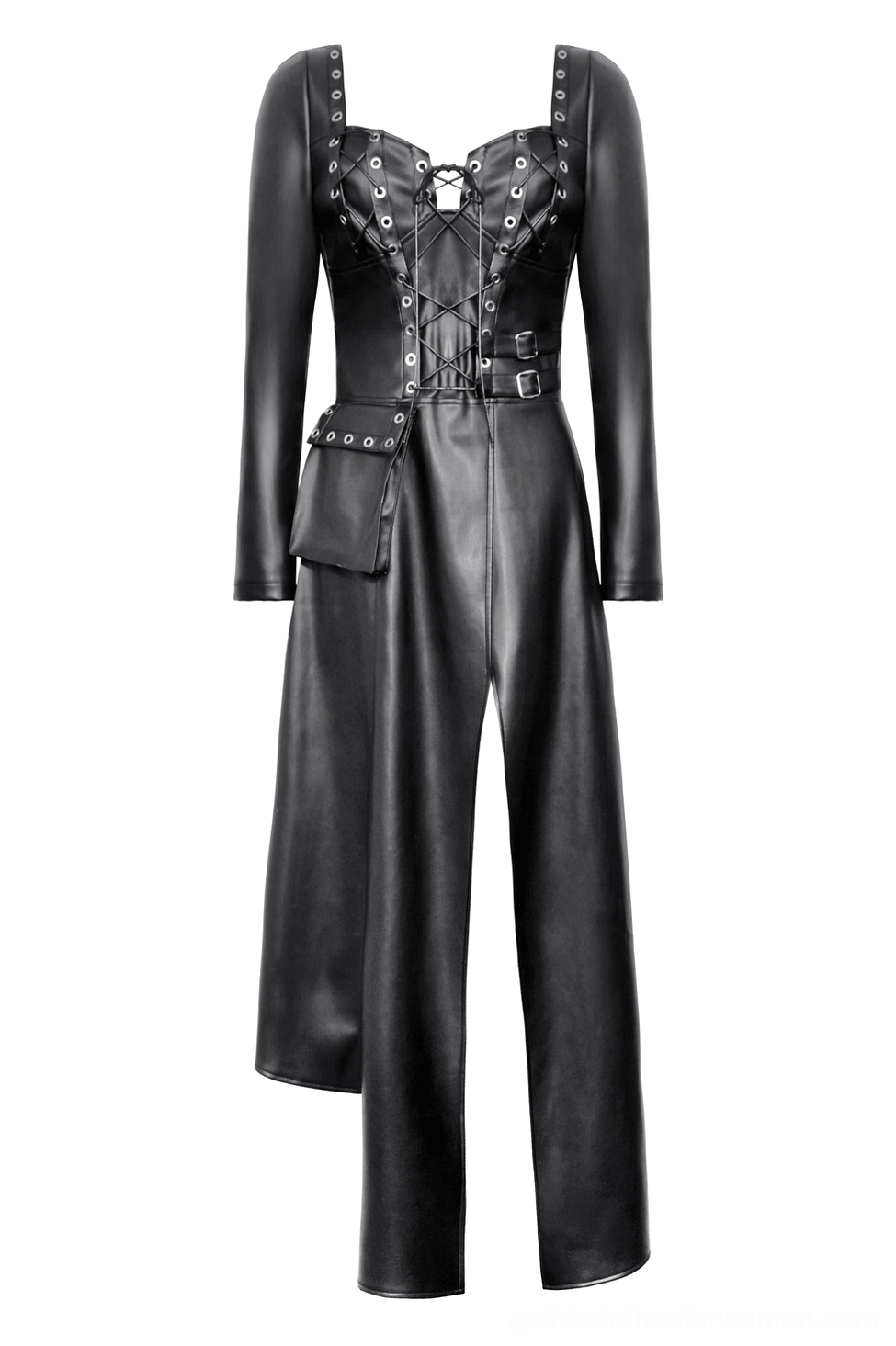 Flat lay front view of black faux leather gothic dress showing lace-up corset and side split