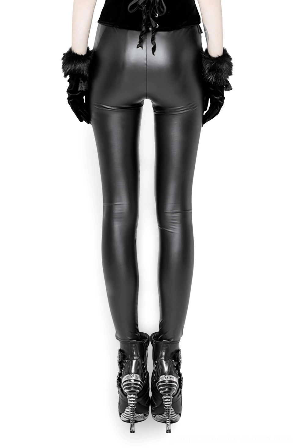 Black faux leather gothic leggings rear view showing high-waisted fit and tapered silhouette