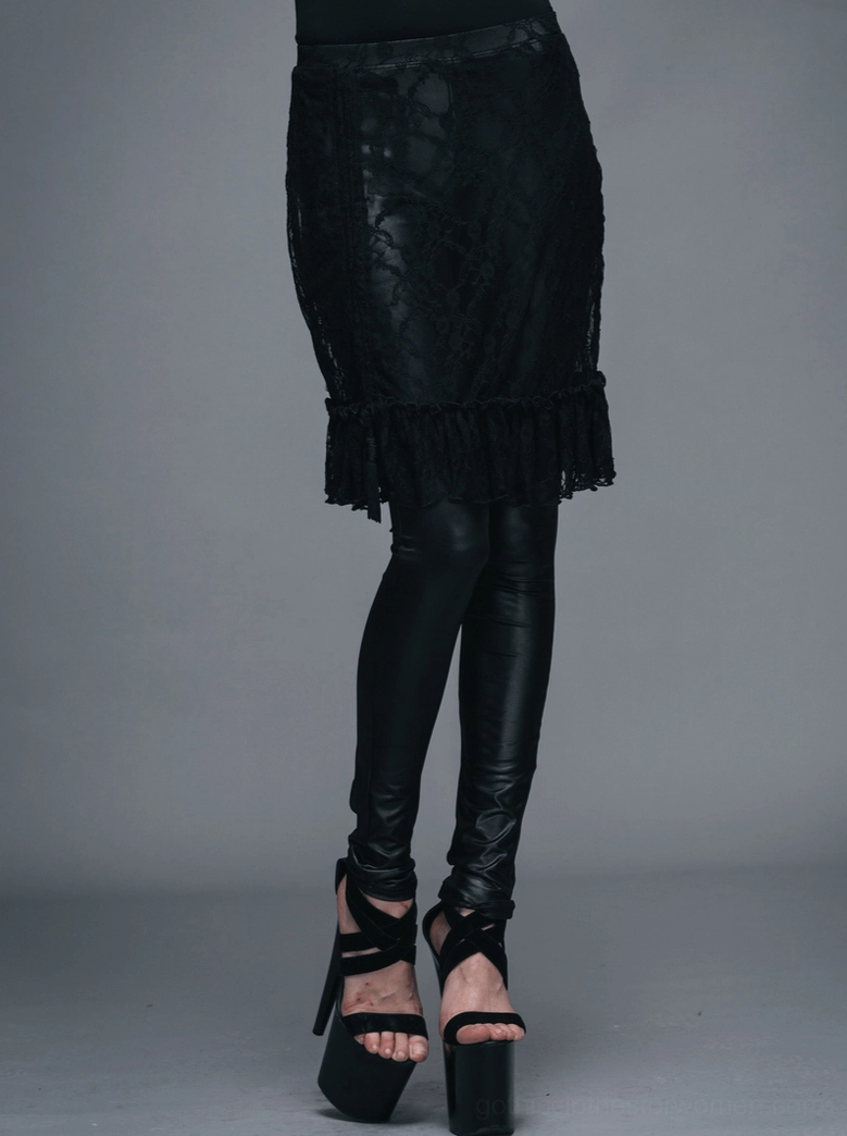 Black faux leather gothic leggings with adjustable lace skirt, side rear view showing ruffled overlay and styling