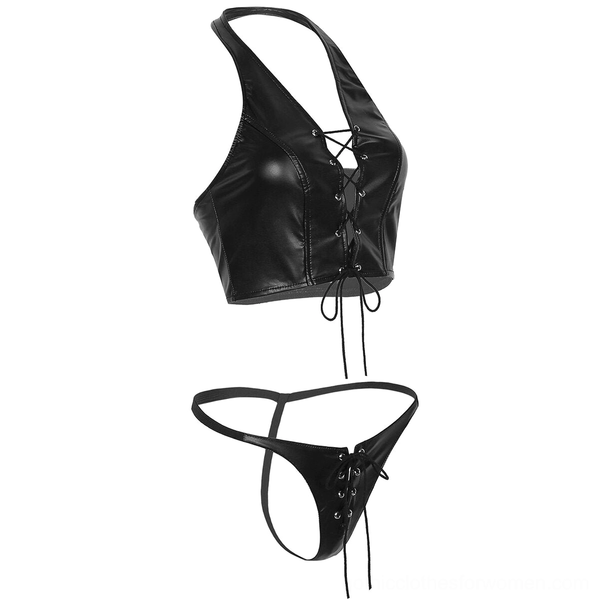 Black faux leather gothic lingerie set product showcase featuring alternative fashion styling and subculture aesthetic