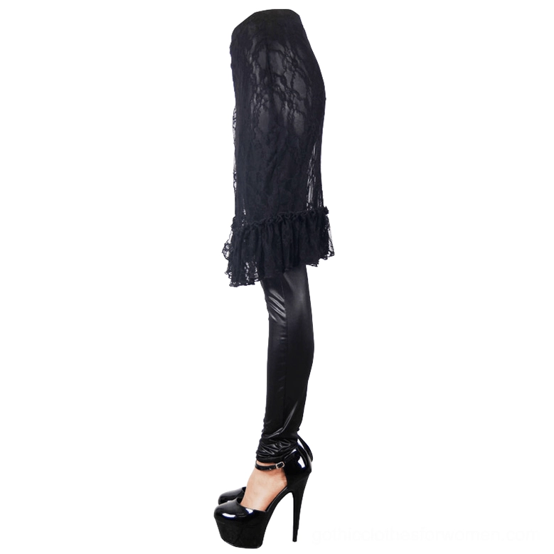 Black faux leather leggings with asymmetrical ruffled lace skirt, side profile showing shiny fabric and lace texture