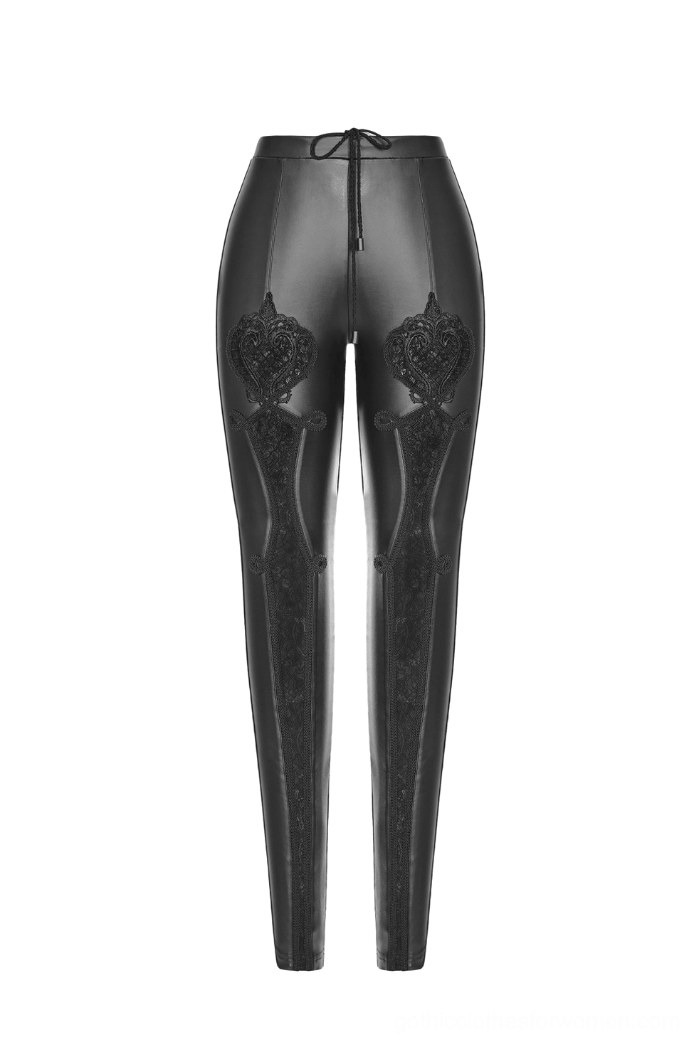 Black faux leather leggings flat lay rear view showing smooth matte finish and high waist