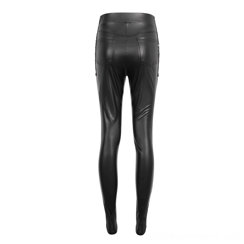 Women's gothic faux leather skinny pants back pocket and seam detail flat lay