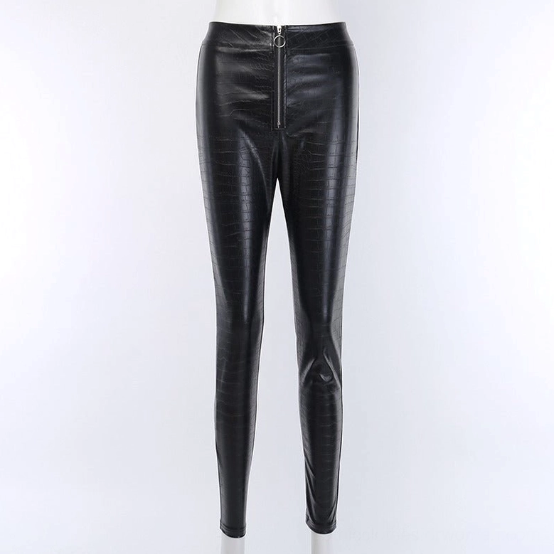 Studio display of black high-waist gothic faux leather pencil pants, front mannequin view, showing tight ankle length and smooth material sheen
