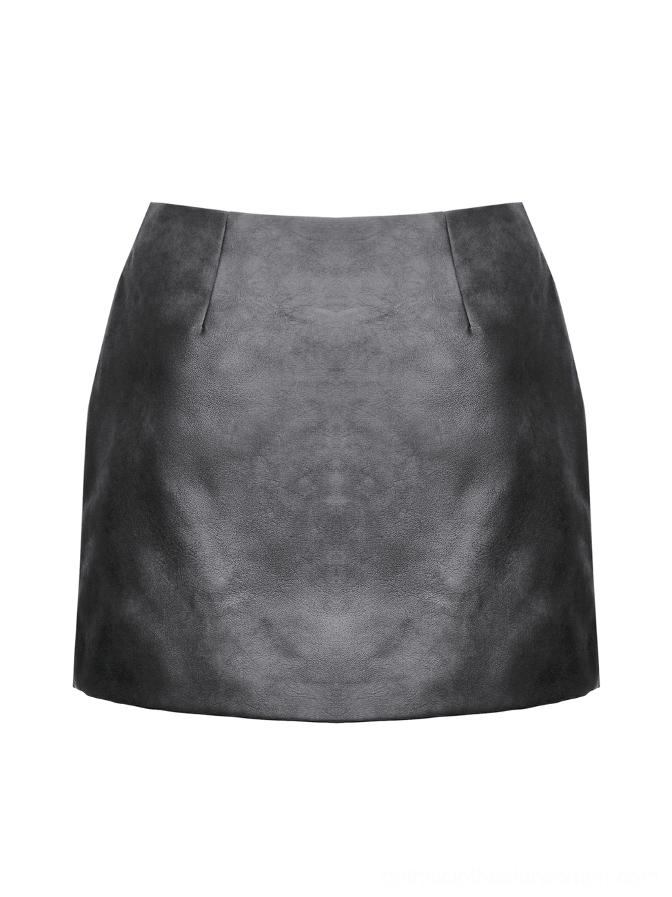 Flat front view of black faux leather mini skirt displaying high waist structured fit and matte leather finish