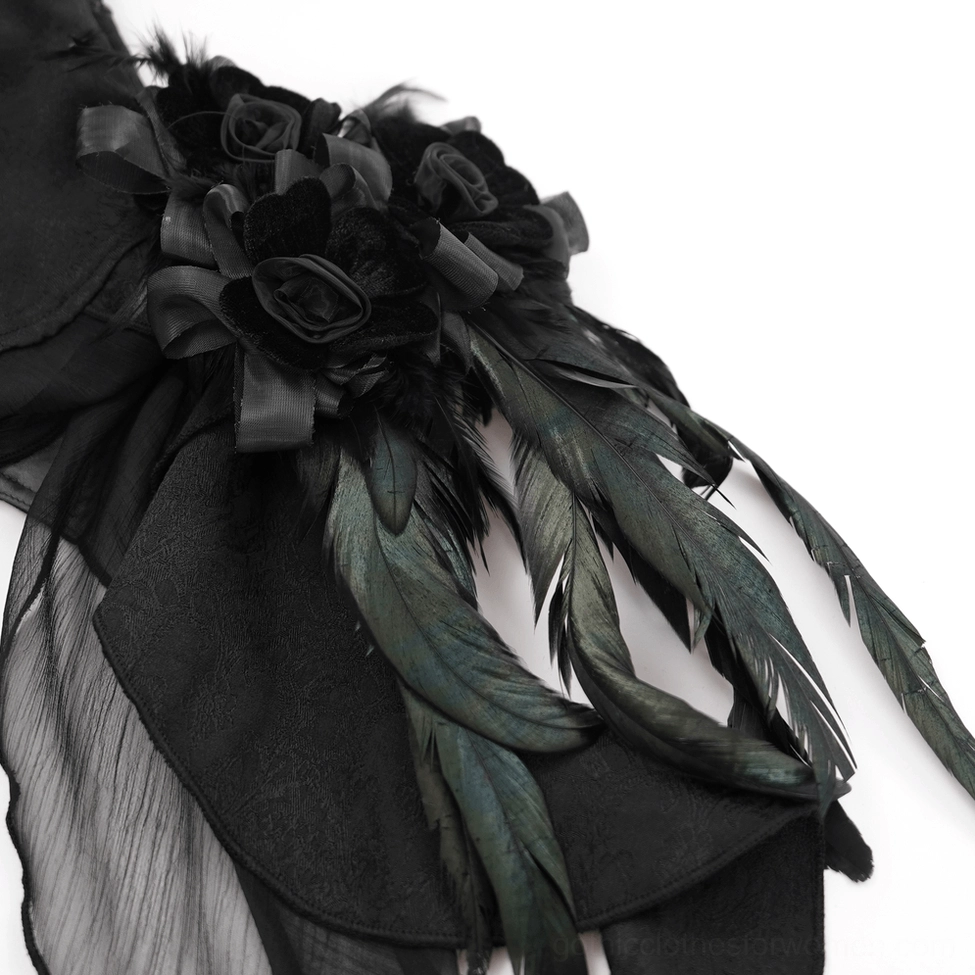 Black feather corset with adjustable front lace-up and rose embroidered detailing full view