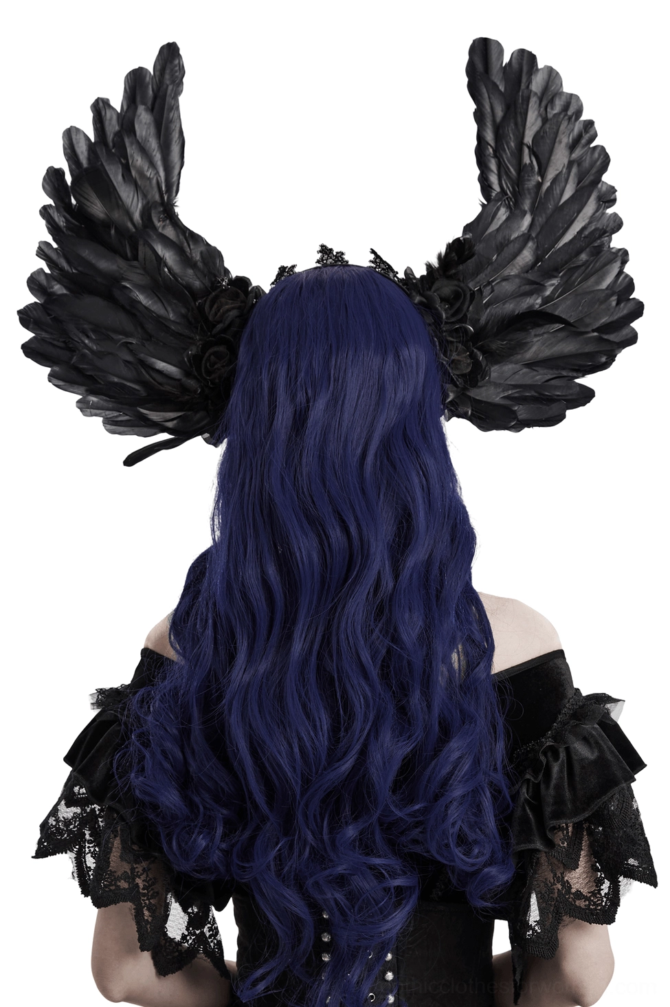 Gothic black feather angel wings headpiece back view displaying feather wing construction and lace crown detail from rear angle