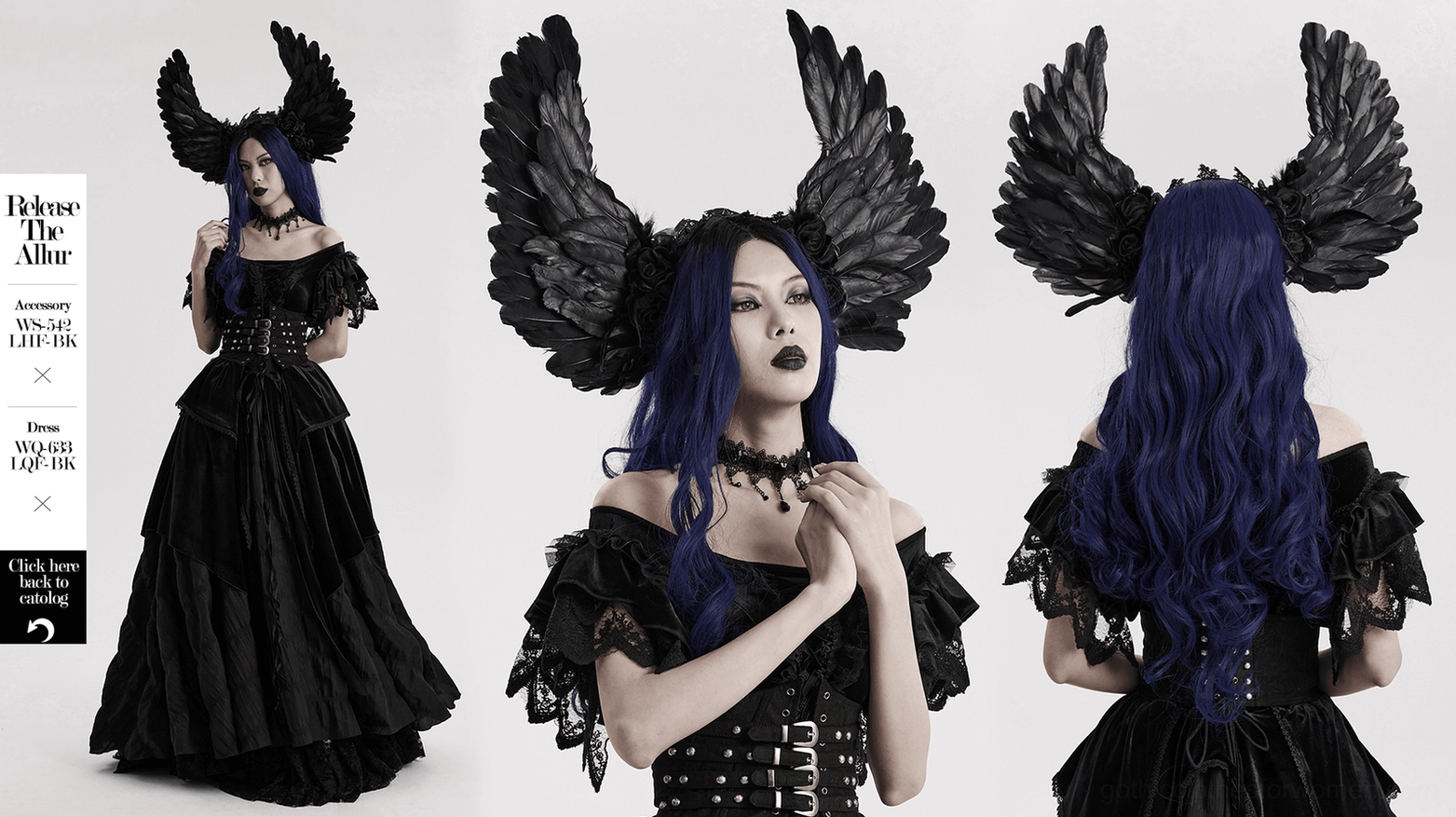 Three-angle collage view of black feather angel wings headband showing front, back and full-length dress styling from white studio background