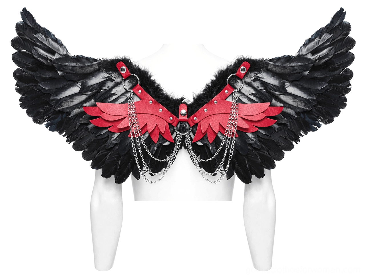 Pure black feather demon wing harness minimal design on display mannequin without chain decorations