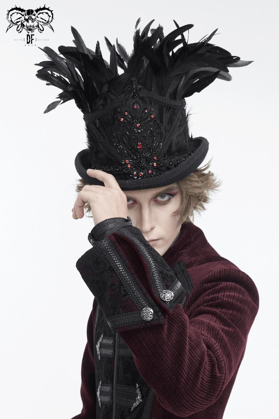 Black feathered top hat full product display white background main view