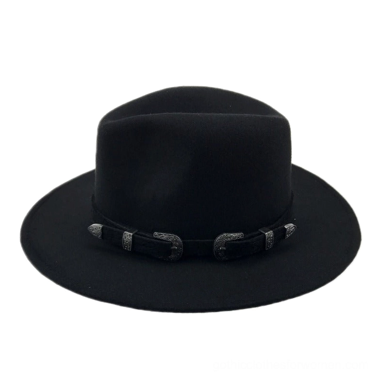 Matte black fedora hat with western-style buckle belt trim and soft felt texture - studio shot