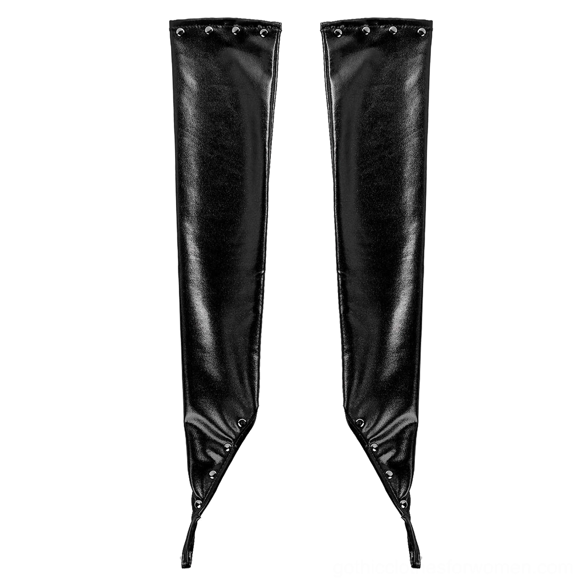 Black PU leather fingerless gloves flat lay showing pointed hem and rivet strap details