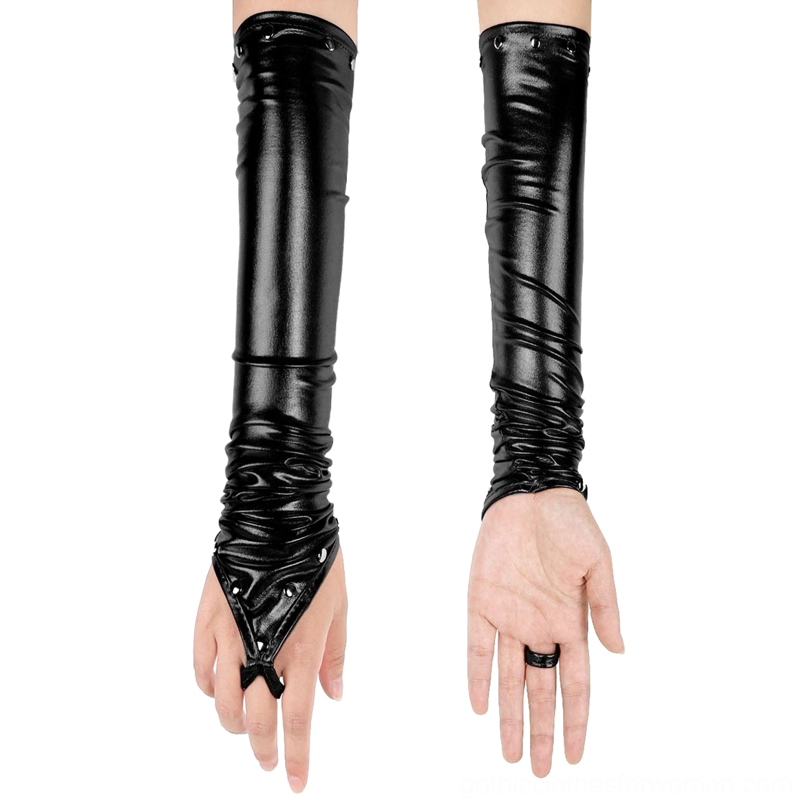 Black fingerless long PU leather gloves with ruched cuff and rivet finger loop detail