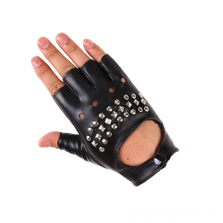 Black studded fingerless punk gloves hollow palm close-up detail shot