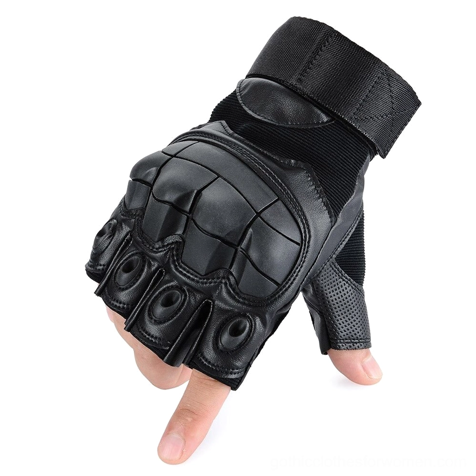 Black leather fingerless tactical gloves with armor plating and wrist closure, gothic combat style