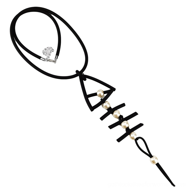 Fish bone gothic pendant necklace top-down view on white background, showing black rubber cord, triangle pendant and heart clasp