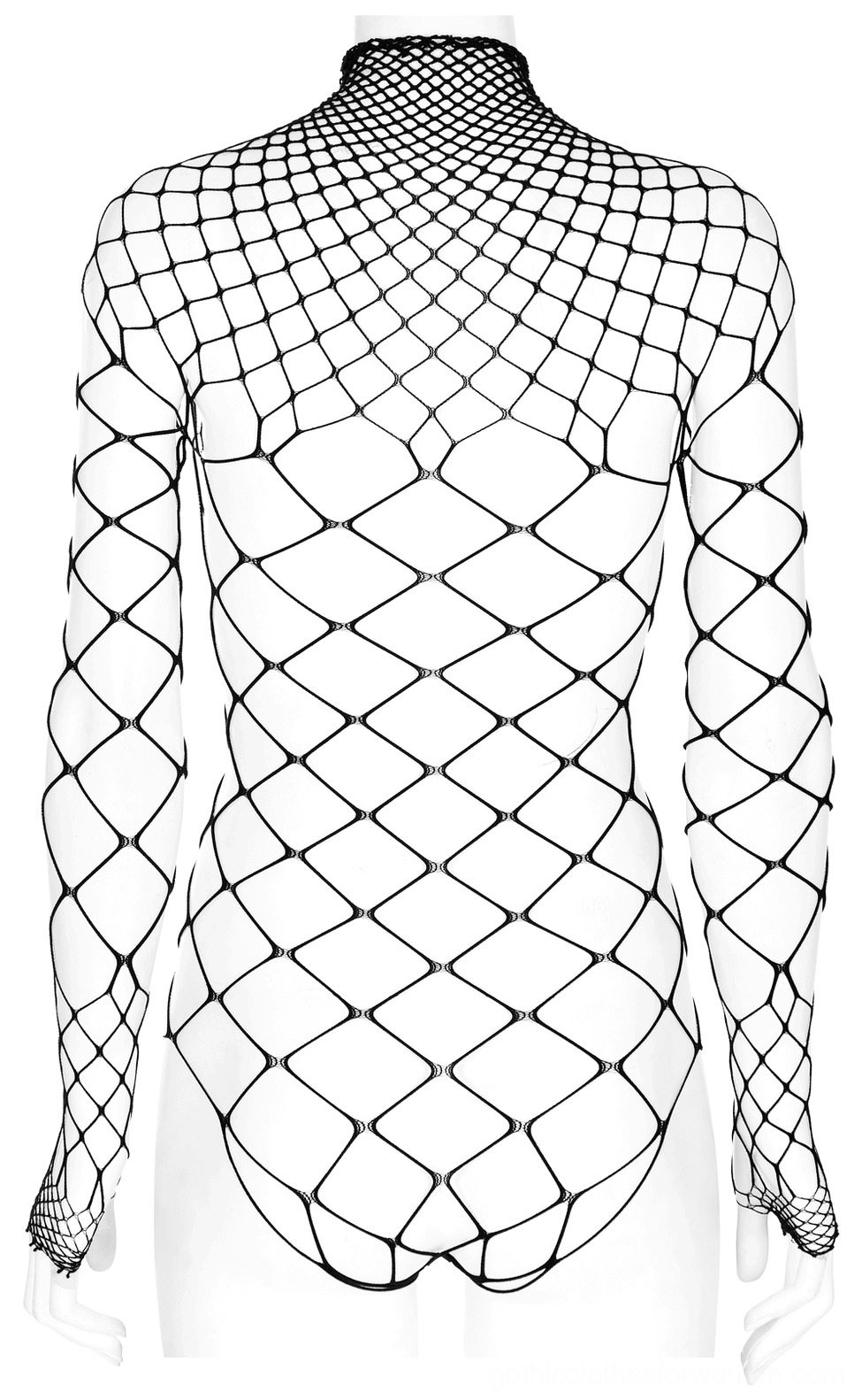 Black diamond mesh bodysuit rear flat display on mannequin, full back mesh design with high turtle neck and long sleeves