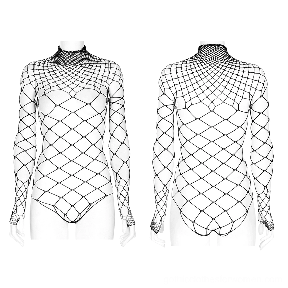 Black diamond mesh bodysuit flat lay display on mannequin, front and rear view showing thong-style bottom and turtle neck design