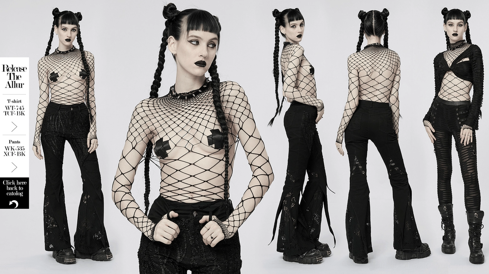 Black gothic mesh bodysuit lifestyle image, sheer fishnet construction on model demonstrating versatile styling possibilities
