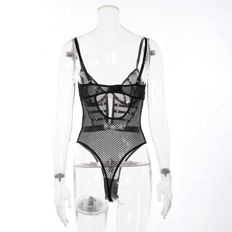 Black fishnet bodysuit on mannequin rear view, thong cut bottom style detail