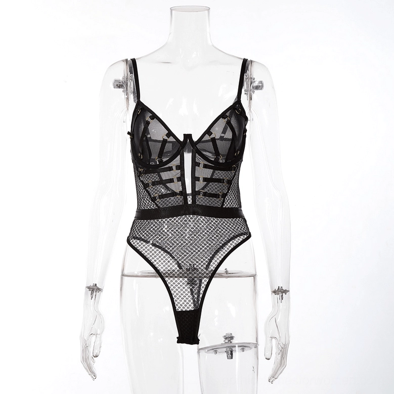 Black sheer fishnet bodysuit on mannequin, full front view showing fitted mesh design