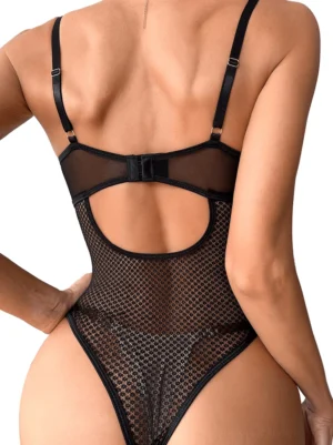 Gothic lace bodysuit with open back cutout design, rear view on model