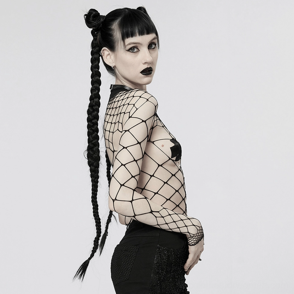 Black sheer mesh bodysuit side angle on gothic model with long braids, see-through fishnet construction with cross nipple cover styling