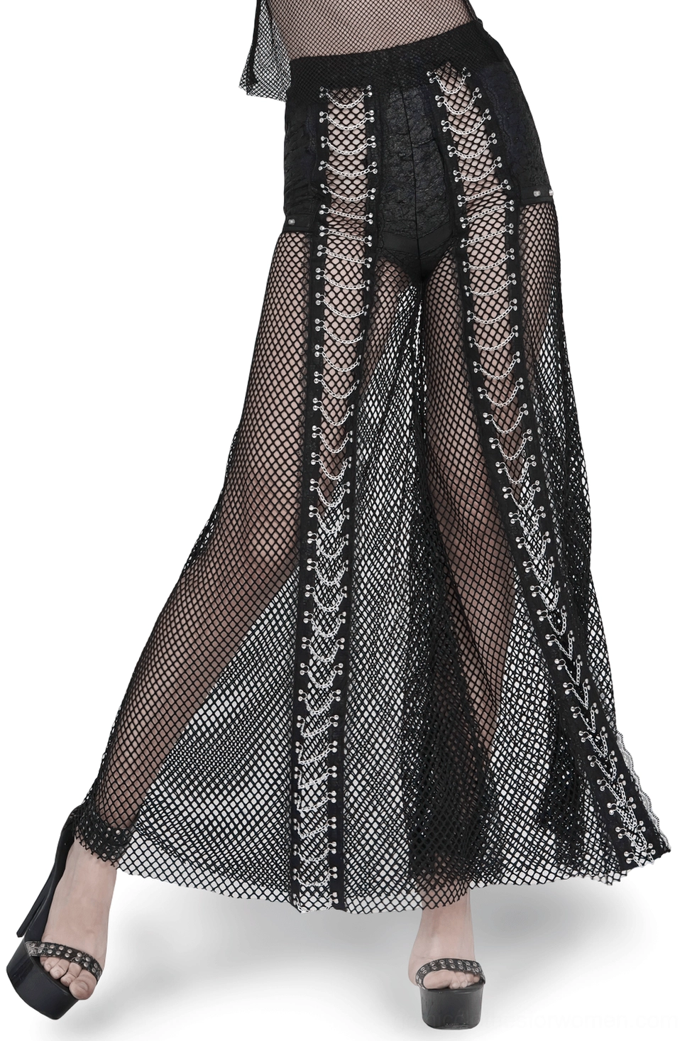 Black fishnet chain lace-up flare pants front low three-quarter view on female model with white studio background