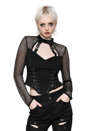 Black gothic fishnet corset top with lace-up front and metal buckle accents, front full-body view worn by model