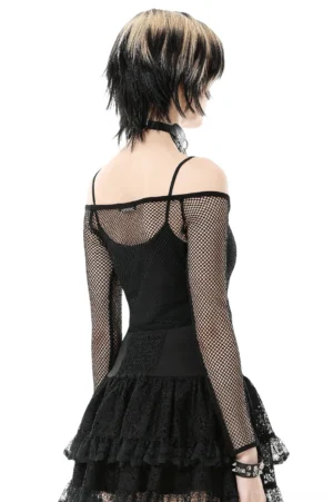 Black fishnet gothic top back view showing exposed back and mesh design