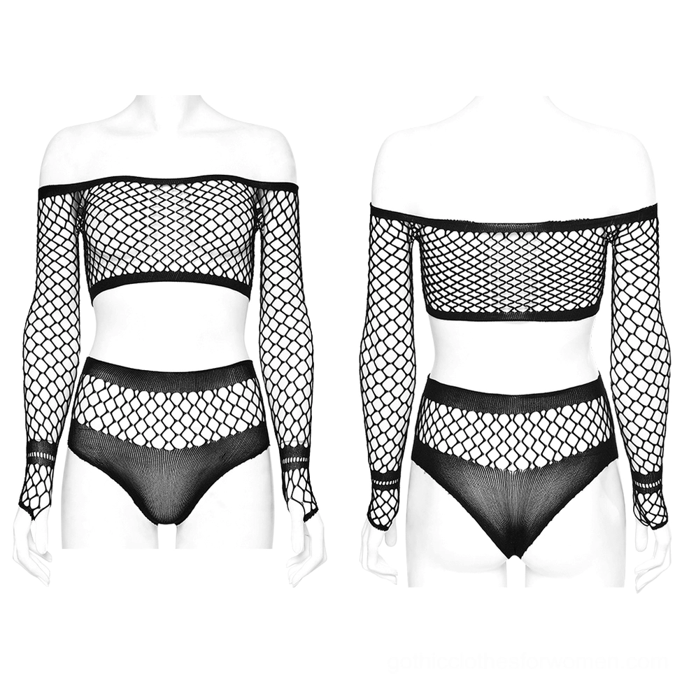 Black fishnet gothic lingerie two-piece set - mannequin display front and back view