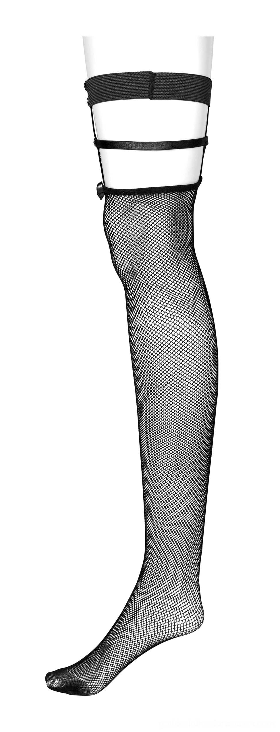 Single black fishnet knee-high sock displayed on mannequin leg, side view showing single band garter strap
