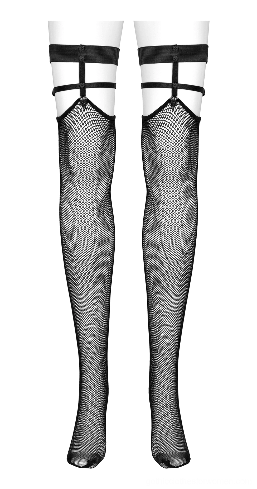 Two pairs of black fishnet knee-high socks with cross-garter strap construction, flat display