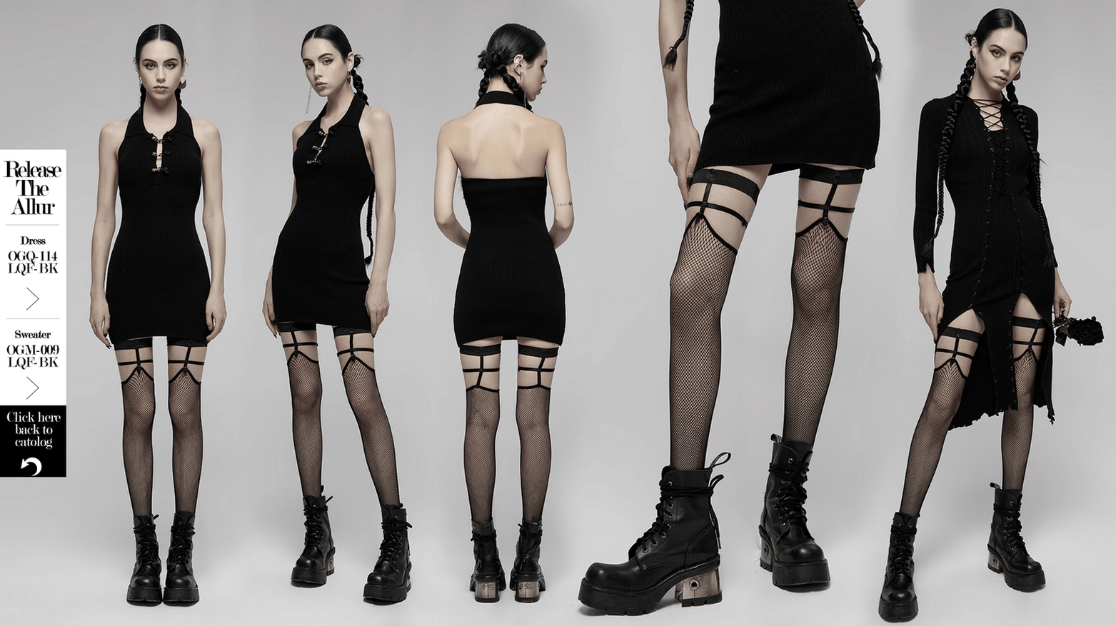Black fishnet knee-high socks with skull rivets, main product display angle