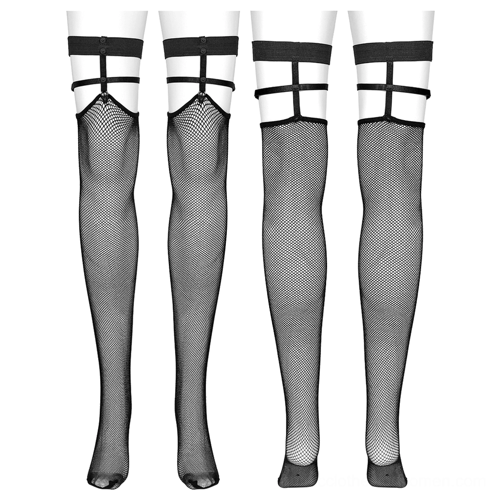 Four pairs of black fishnet knee-high socks with skull rivets and cross-garter straps, flat lay display