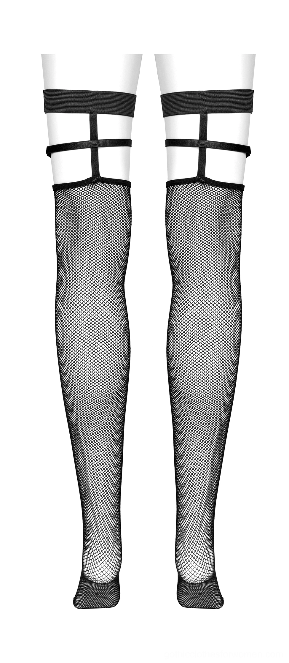 Black fishnet knee-high socks with wide flat garter straps, front flat display