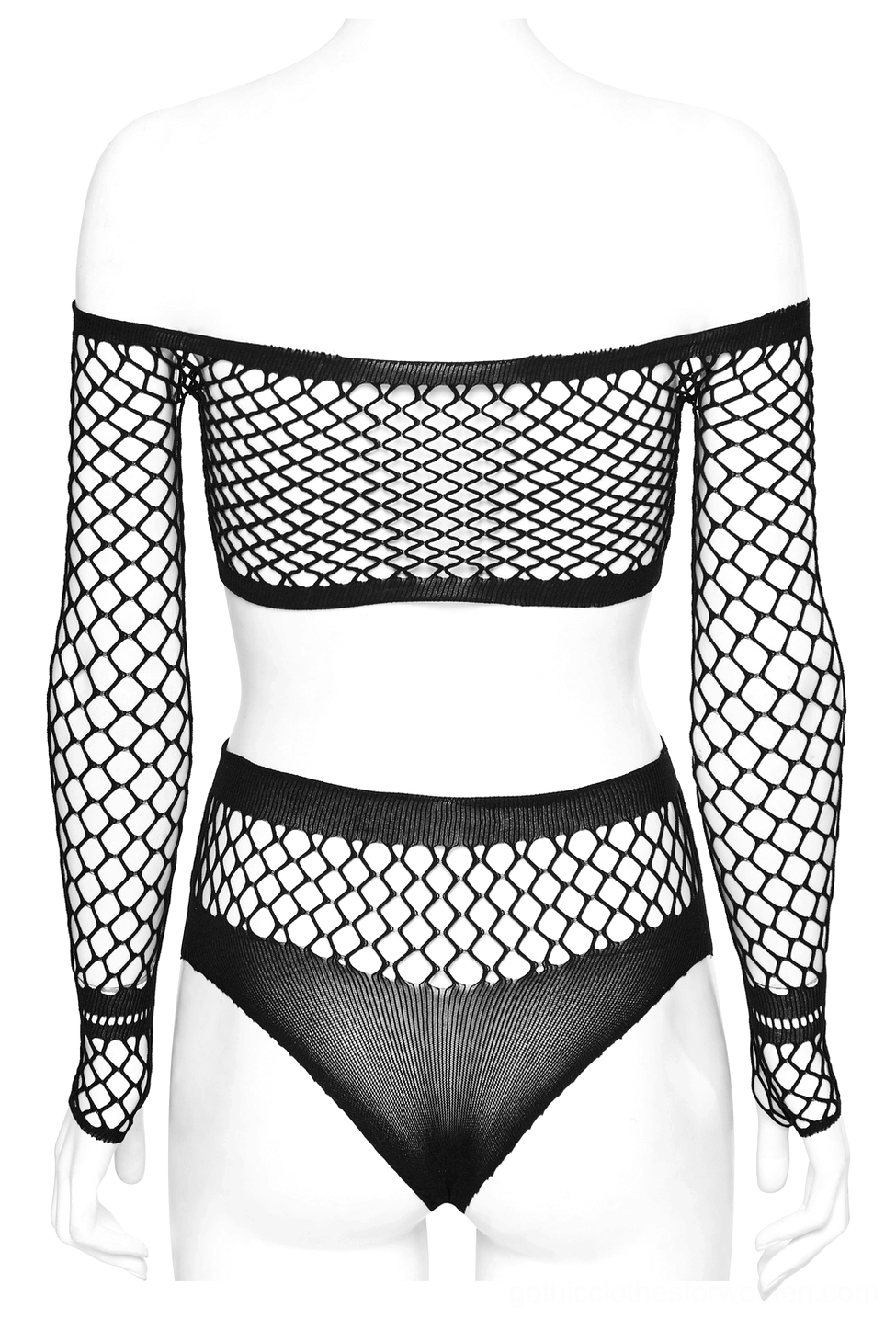 Black fishnet gothic lingerie with long sleeves - rear view mannequin display