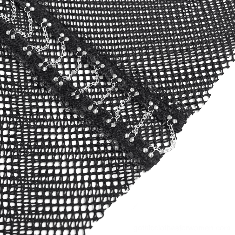 Macro close-up of black fishnet mesh fabric with metal chain embellishments and texture detail