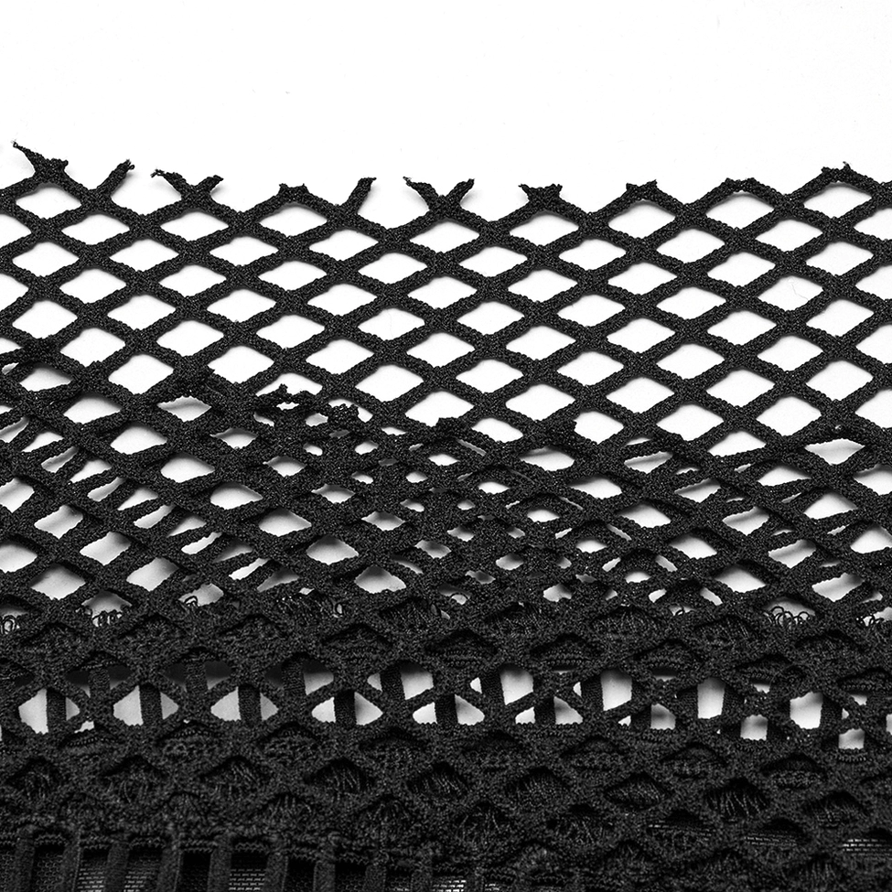Black diamond fishnet mesh texture fabric close-up showing sheer construction and material quality