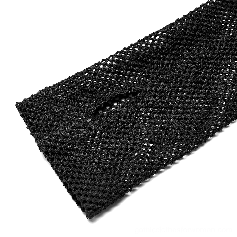 Close-up of black fishnet fabric texture showing open weave mesh pattern with fingerless sleeve cutout design and stretchable woven material detail
