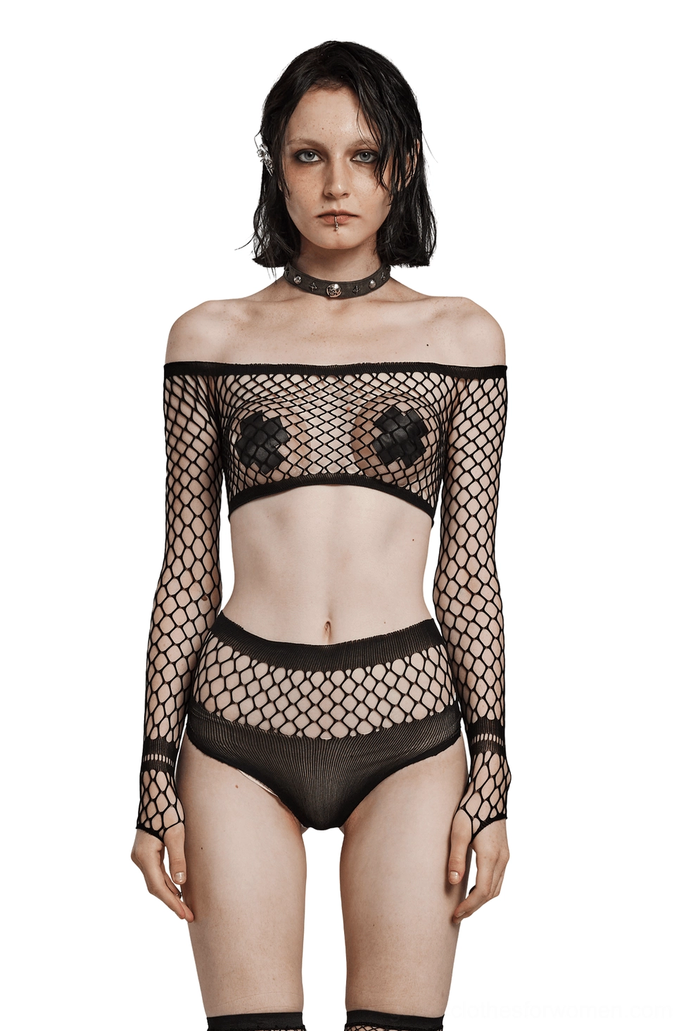 Black fishnet off-shoulder gothic lingerie set with long sleeves - front full body view on model