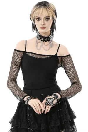 Black fishnet off-shoulder gothic long sleeve top front view on model