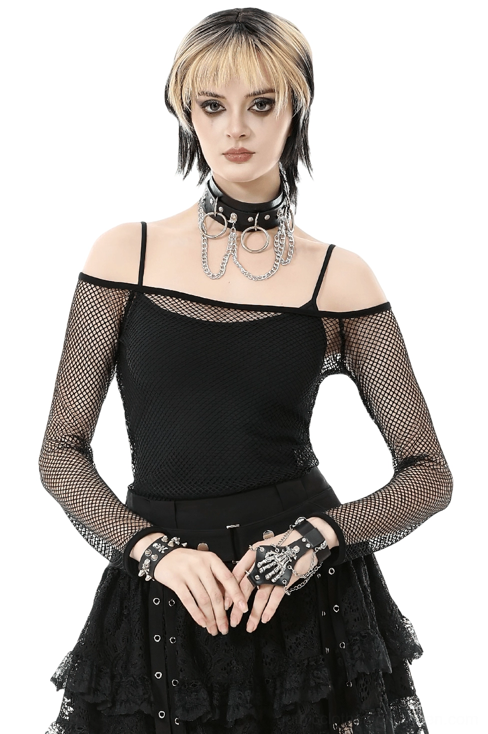 Black fishnet off-shoulder gothic long sleeve top front view on model