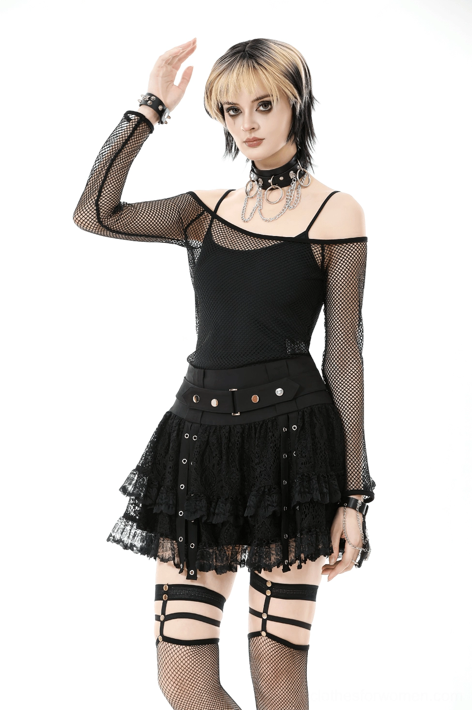 Sheer black fishnet off-shoulder top layering piece for goth outfits