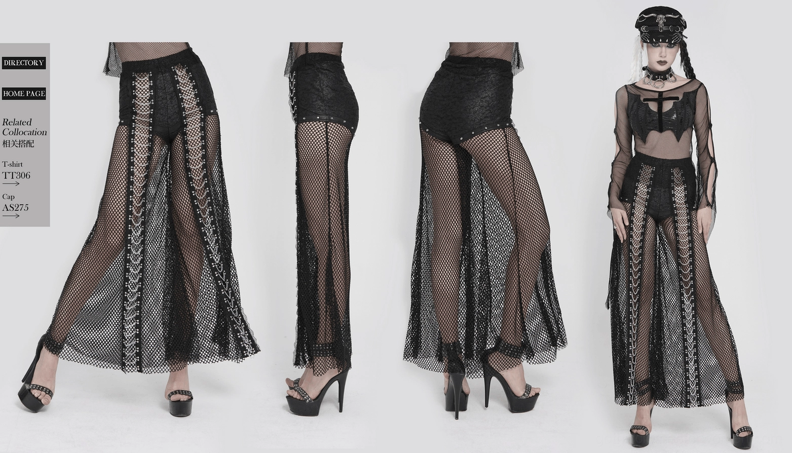 Cyber-goth styling of black fishnet chain pants with tubular cuffs and monochromatic look