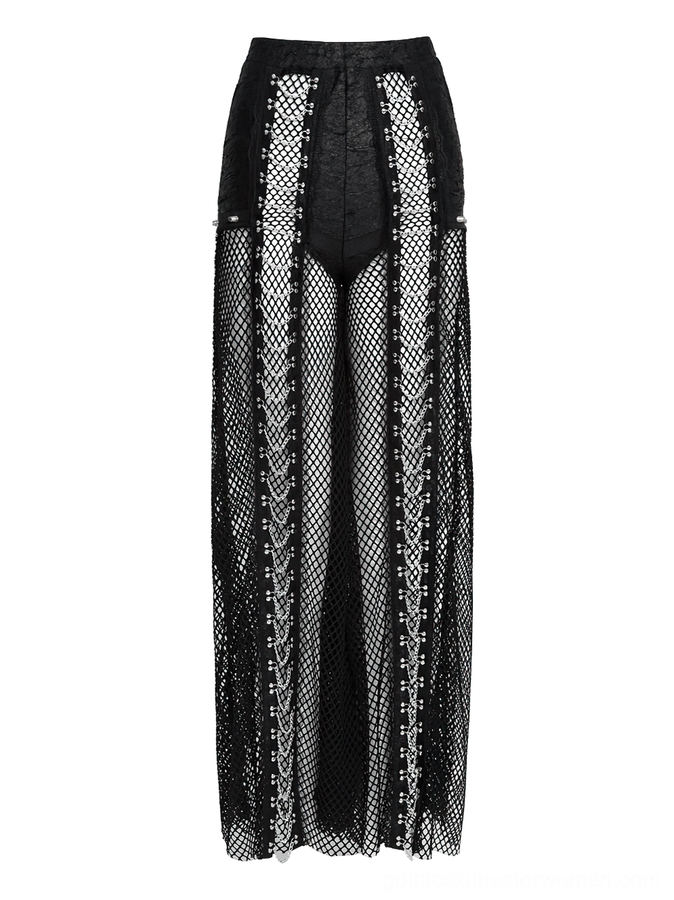 Flat lay front view black fishnet trousers maxi length showing sheer side mesh panels