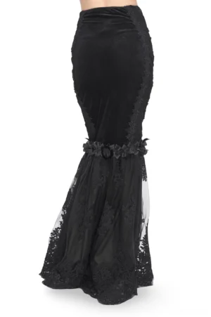 Black fishtail gothic skirt rear view showing velvet upper and lace mesh hem with floral waistband