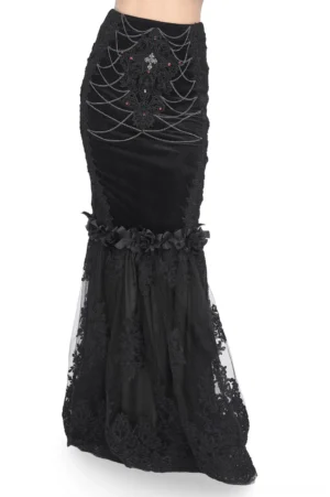 Black fishtail gothic skirt with spiderweb chain embroidery and floral waist trim, left side view on mannequin