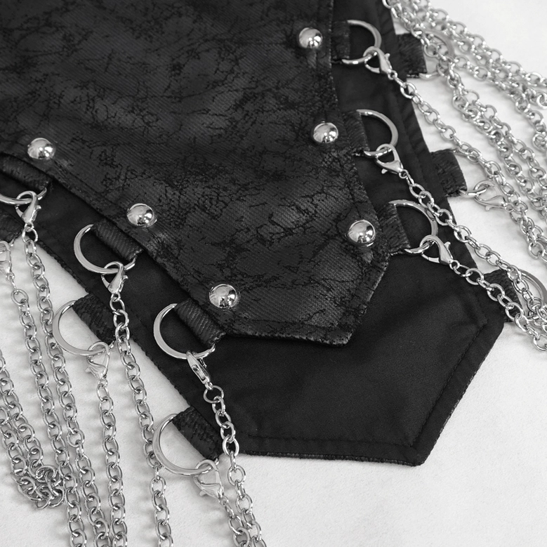 Black mesh fishtail skirt back angle view displaying lace-up design, chain decorations, and gothic fashion aesthetic