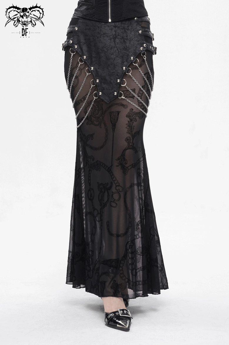 Gothic mesh fishtail skirt front view with pointed high heels showing front zipper waist and sheer mesh fabric construction